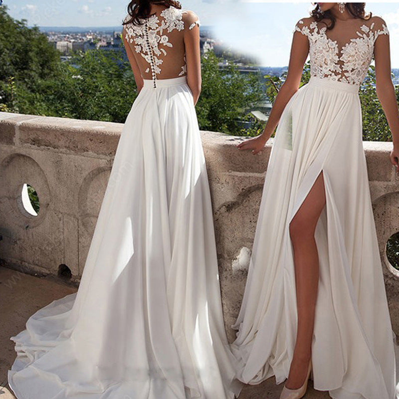 Elegant Lace & Chiffon Wedding Dress – Deep V-Neck Backless High Slit Bridal Gown