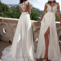 Elegant Lace & Chiffon Wedding Dress – Deep V-Neck Backless High Slit Bridal Gown