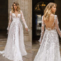 Elegant Lace Wedding Dress – Deep V-Neck Long Sleeve Backless Bridal Gown with Floral Embroidery