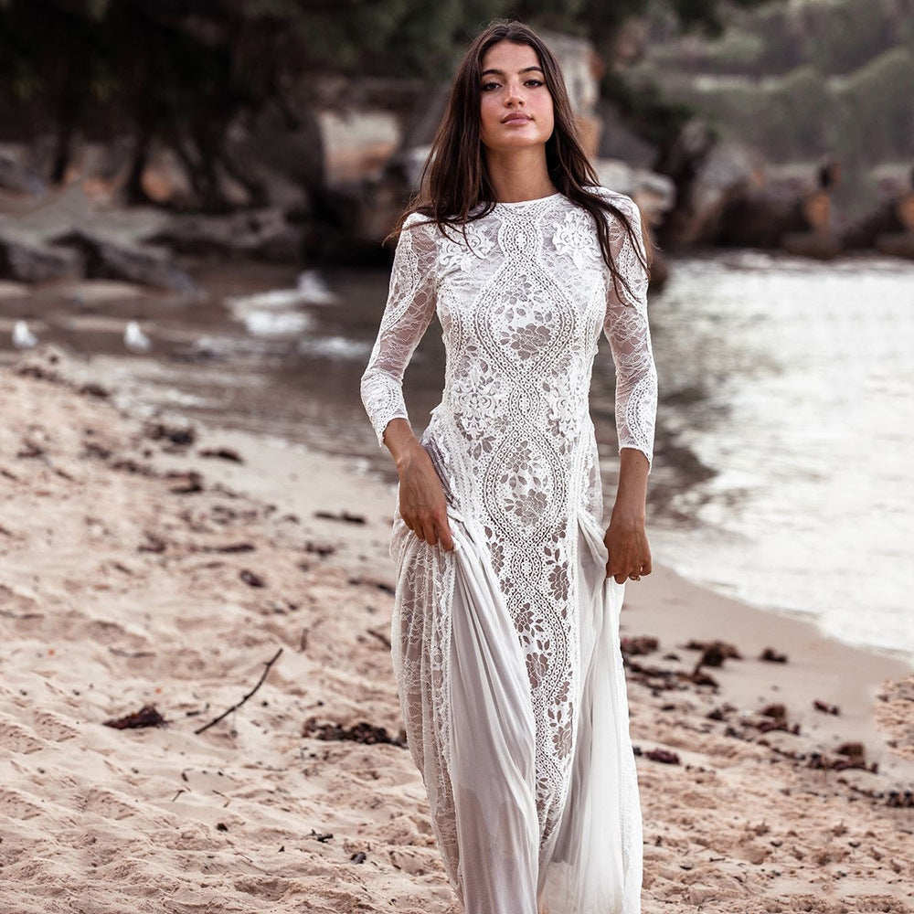 Bohemian Lace Maxi Dress – Sheer Backless Long Sleeve Elegant Beach Wedding Gown