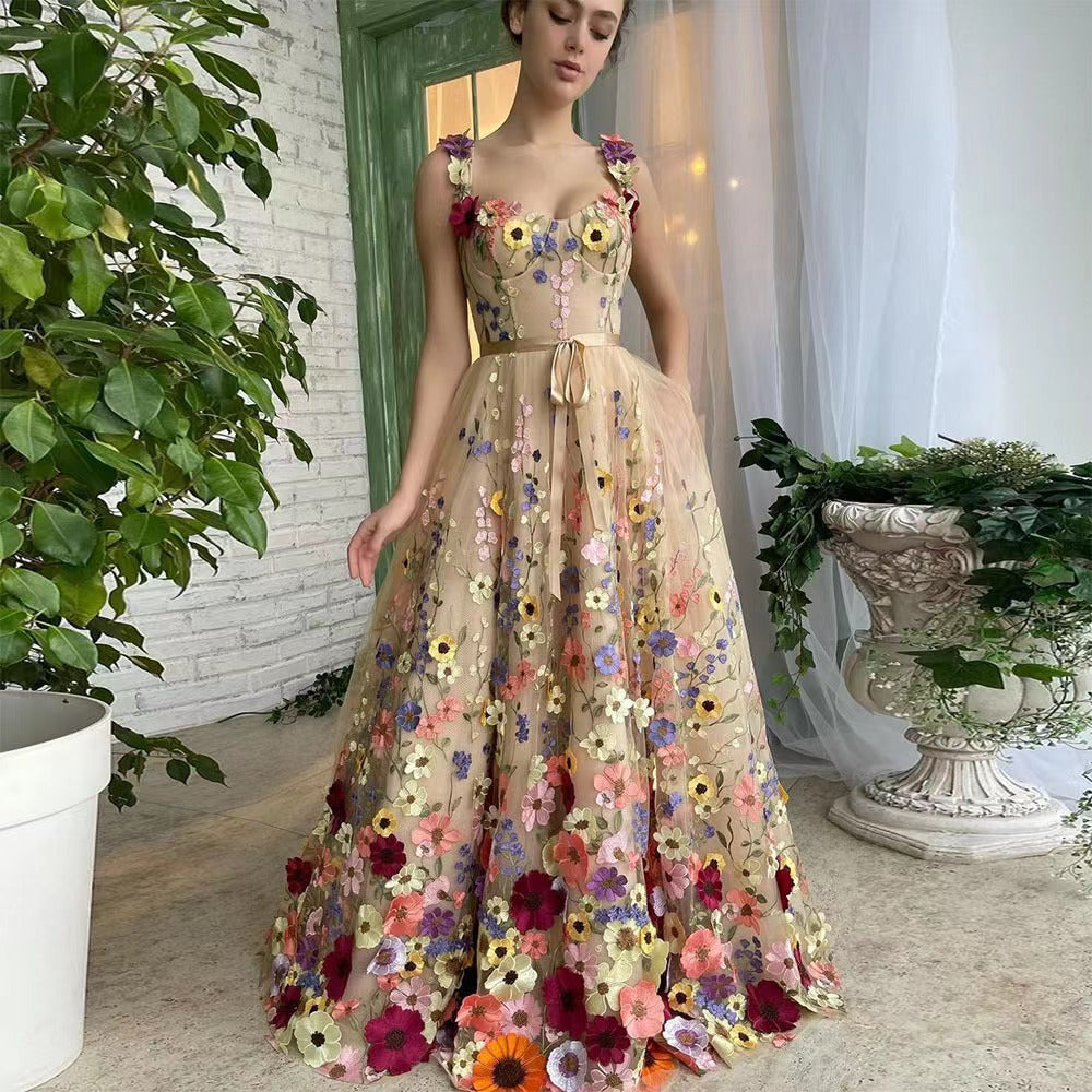 3D Floral Embroidered Tulle Maxi Dress – Romantic Sleeveless Bohemian Evening & Wedding Gown