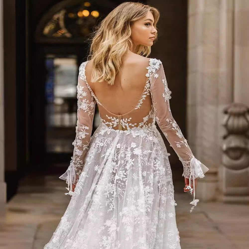 Elegant Lace Wedding Dress – Deep V-Neck Long Sleeve Backless Bridal Gown with Floral Embroidery