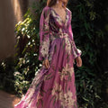 Bohemian Floral Chiffon Maxi Dress – V-Neck Long Sleeve Flowing Elegant Summer Dress