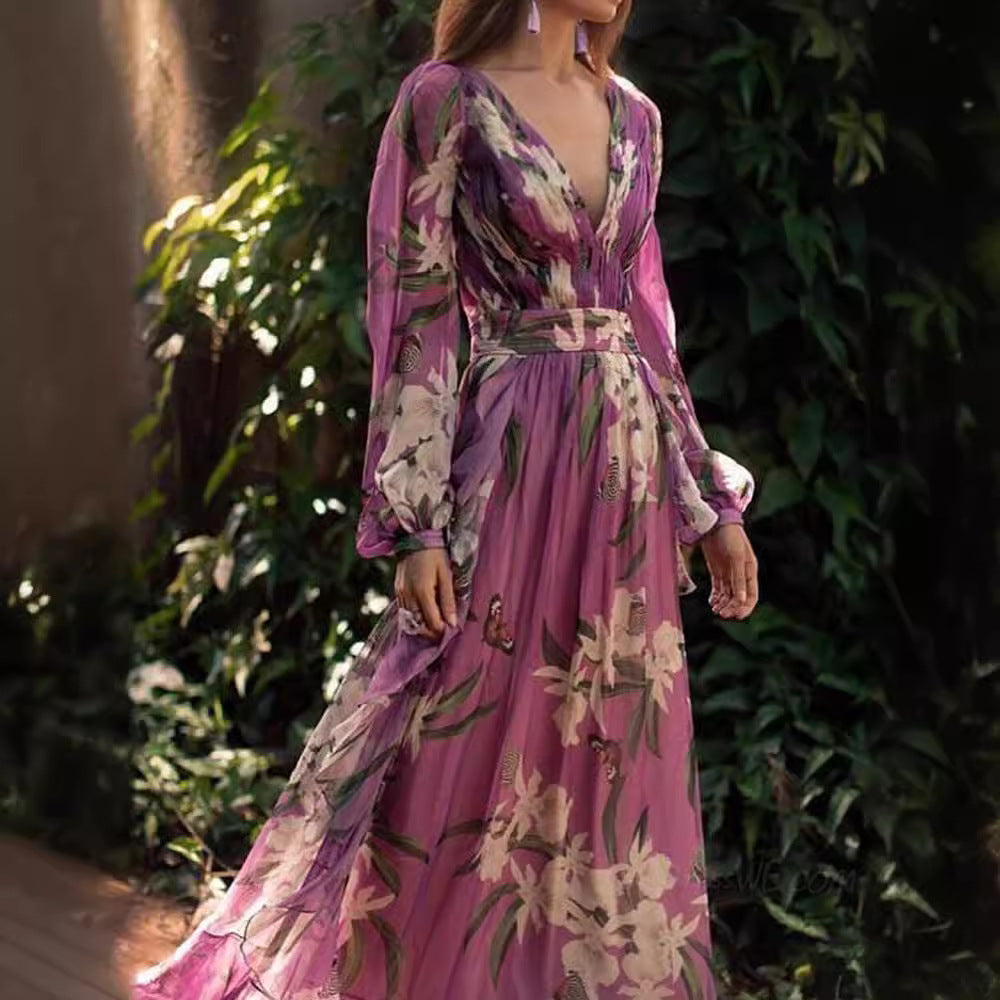 Bohemian Floral Chiffon Maxi Dress – V-Neck Long Sleeve Flowing Elegant Summer Dress